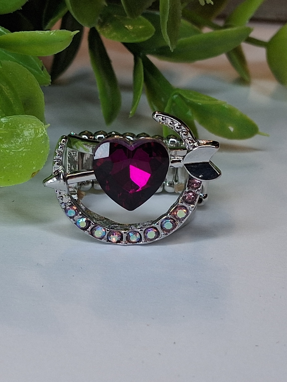 Pink Heart Ring  With Arrow and Multicolor Iridescent Accents